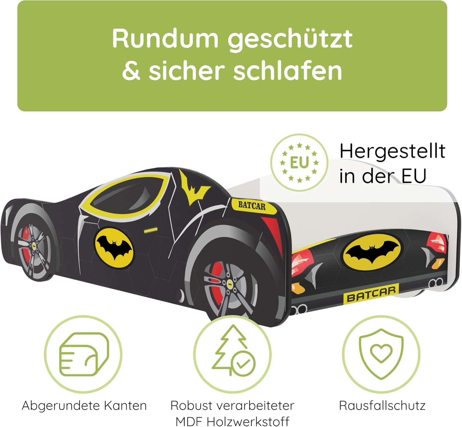 Kids Collective Autobett 70x140 cm Kinderbett Jugendbett mit Rausfallschutz & Matratze | Kinder Spielbett Batman Batmobil Bat Car Auto Bett in schwarz | von Geburt bis 6. Lebensjahr