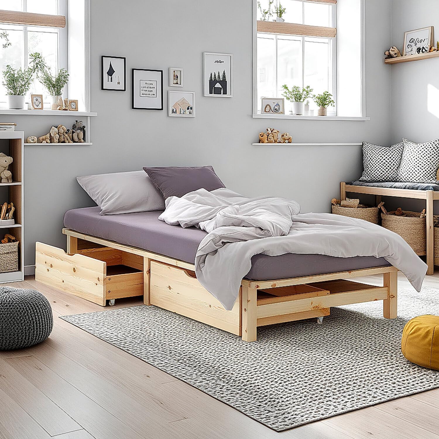 Homestyle4u Massivholzbett 100x200 mit Stauraum 2 Schubladen Palettenbett Holzbett Kiefer Natur Bettgestell mit Lattenrost