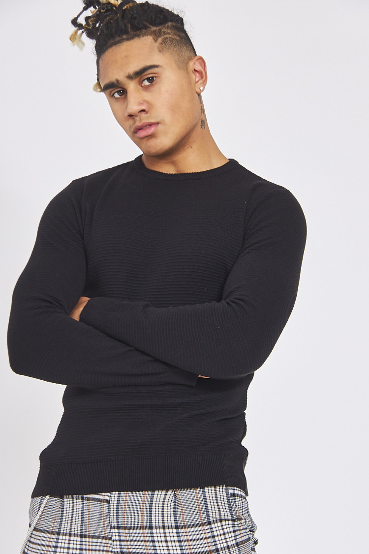 Pull noir fin rayé slim