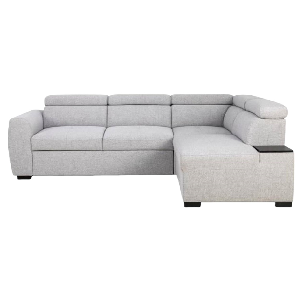 Canapé d’angle L 4 places avec têtières réglables en tissu gris clair