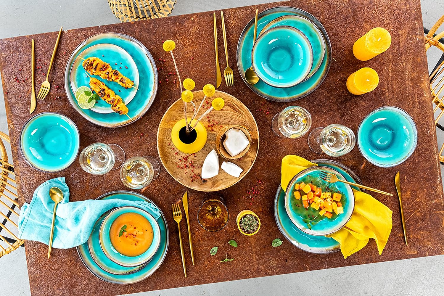 SÄNGER | Geschirrset Capri 12 tlg, Teller Set 4 Personen, Steingut Geschirr inkl. Speiseteller Dessertteller & Tiefe Teller, Tafelservice Handmade Türkis Blau mit Grauem Rand | PREMIUM COLLECTION