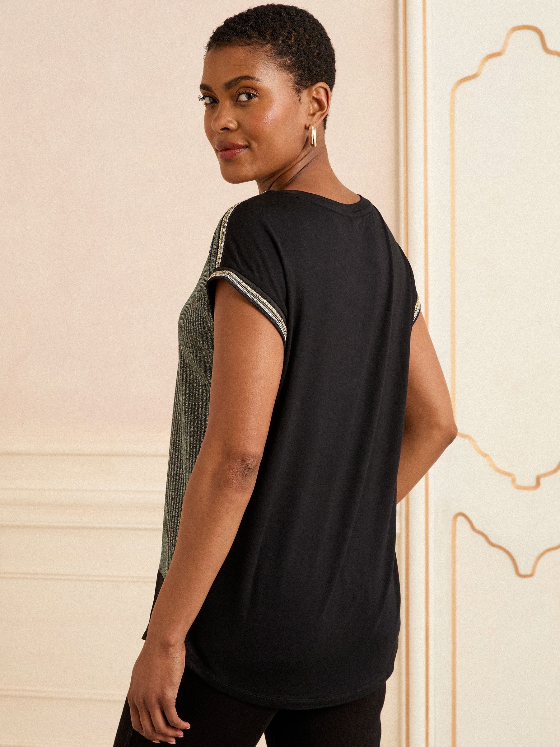 Green and Black Embellished Cuff Satin Front - Love & Roses Satin Front V-Neck Short Sleeve Top