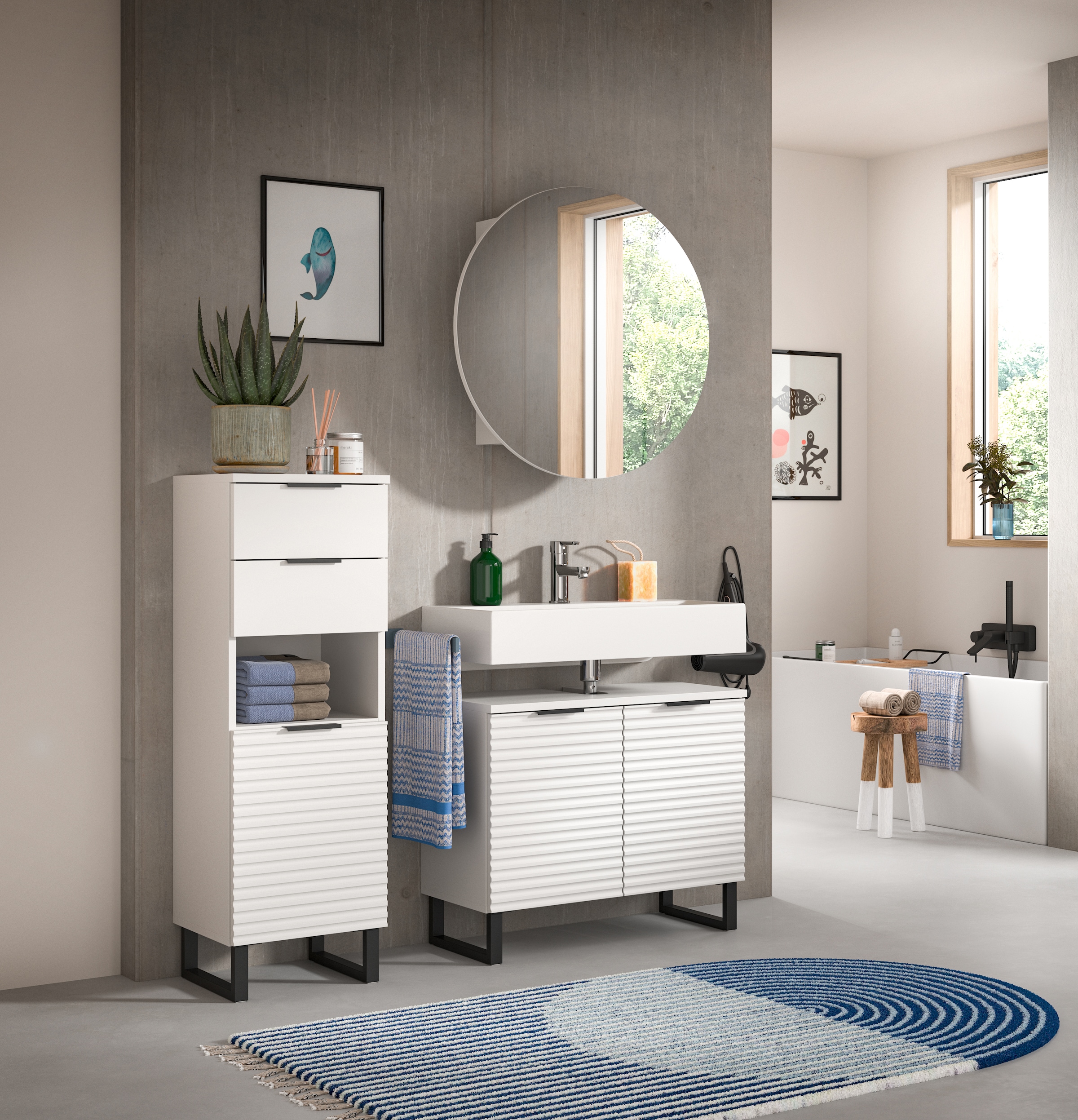 welltime Badmöbel-Set »Litica, Breite 120 cm, hochwertige Rillenfräsung, Metallkufen« 3 Stk. tlg.