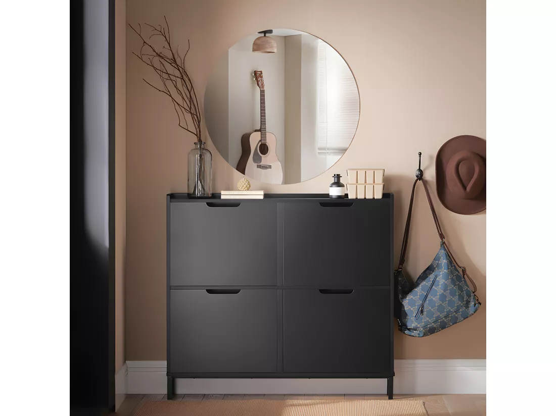 SoBuy Armoire à Chaussures Commode à Chaussures Meuble de Rangement à Chaussures 4 abattants Meuble d'entrée Coffre Rangement pour Chaussures, Noir, 100x19x90cm, FSR100-SCH