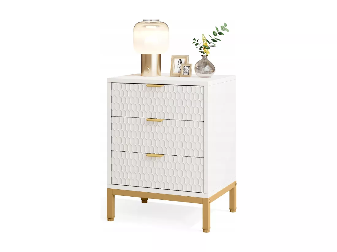 Tribesigns Table de Chevet Moderne de 65,5 cm de Haut avec 3 tiroirs, Table d'appoint contemporaine avec Rangement pour Chambre à Coucher, Salon, Blanc et doré