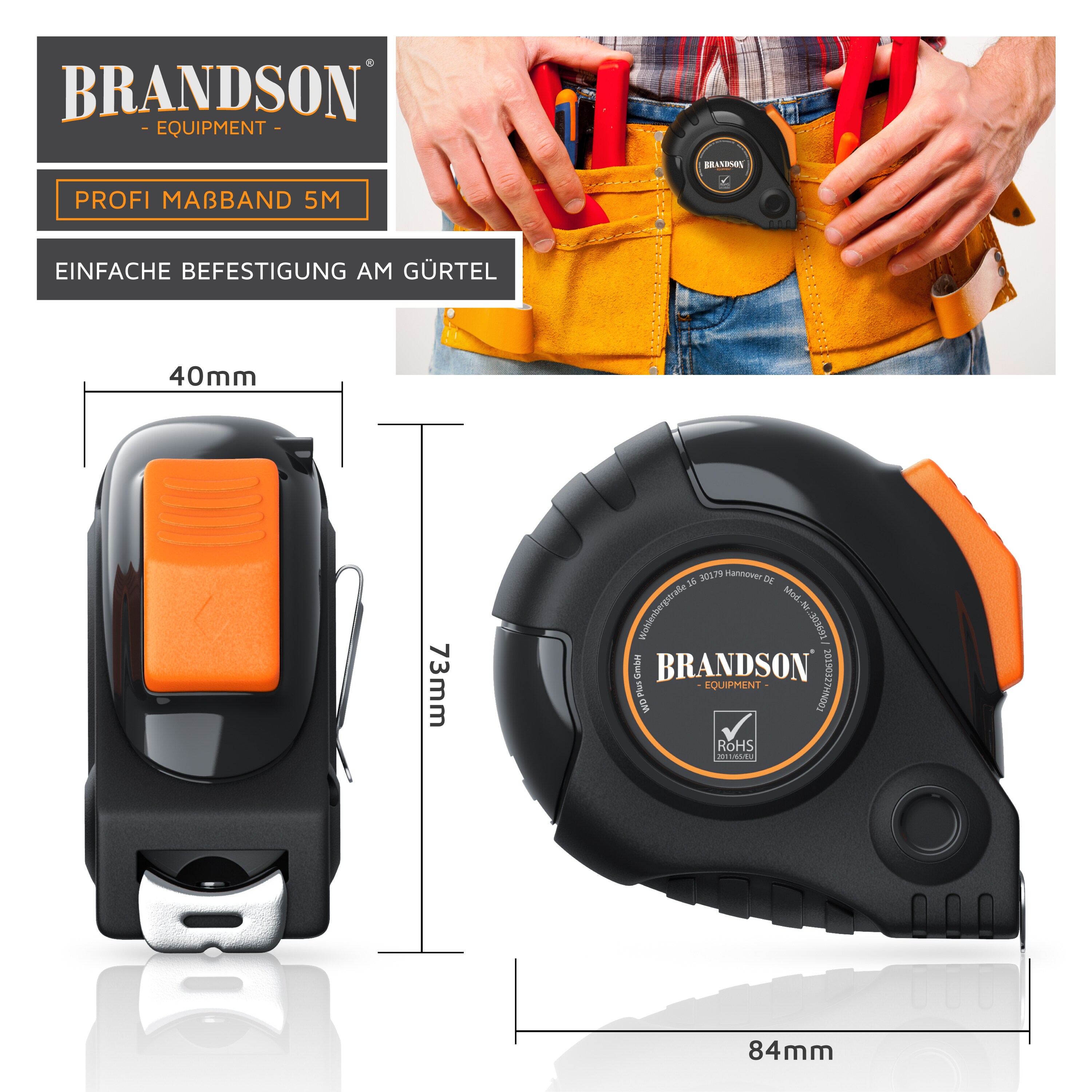 Brandson 5m Maßband Bandmaß mit Gürtelklemme - Robustes Stahlmaßband Messband - Entfernungsmesser mit automatischem Aufrollsystem - gummiertes Gehäuse
