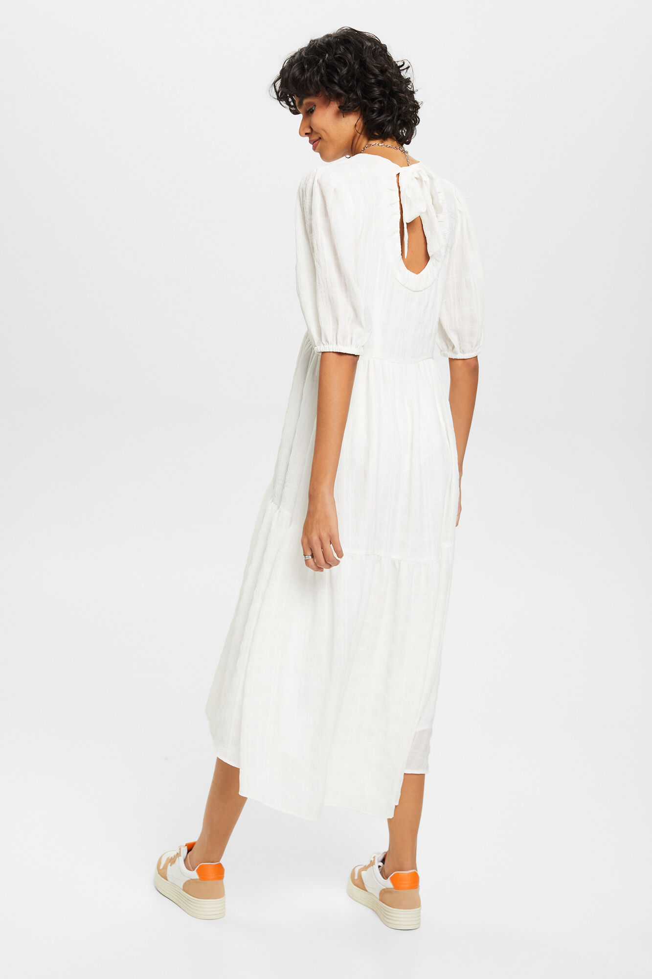 Vestido longo com painéis em tecido texturizado - Branco