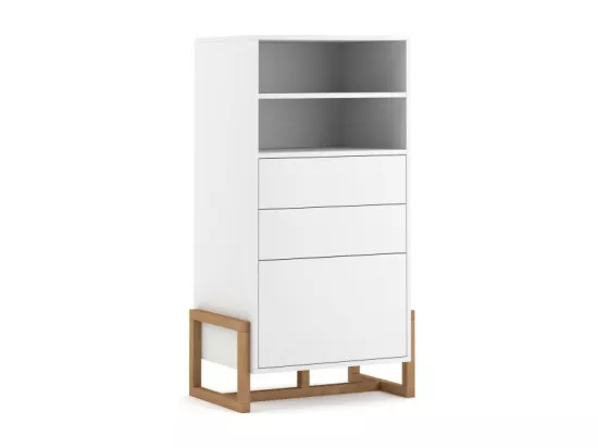 Vaisselier design GEILO 2 tiroirs, 1 porte et 2 niches, coloris blanc mat et hêtre