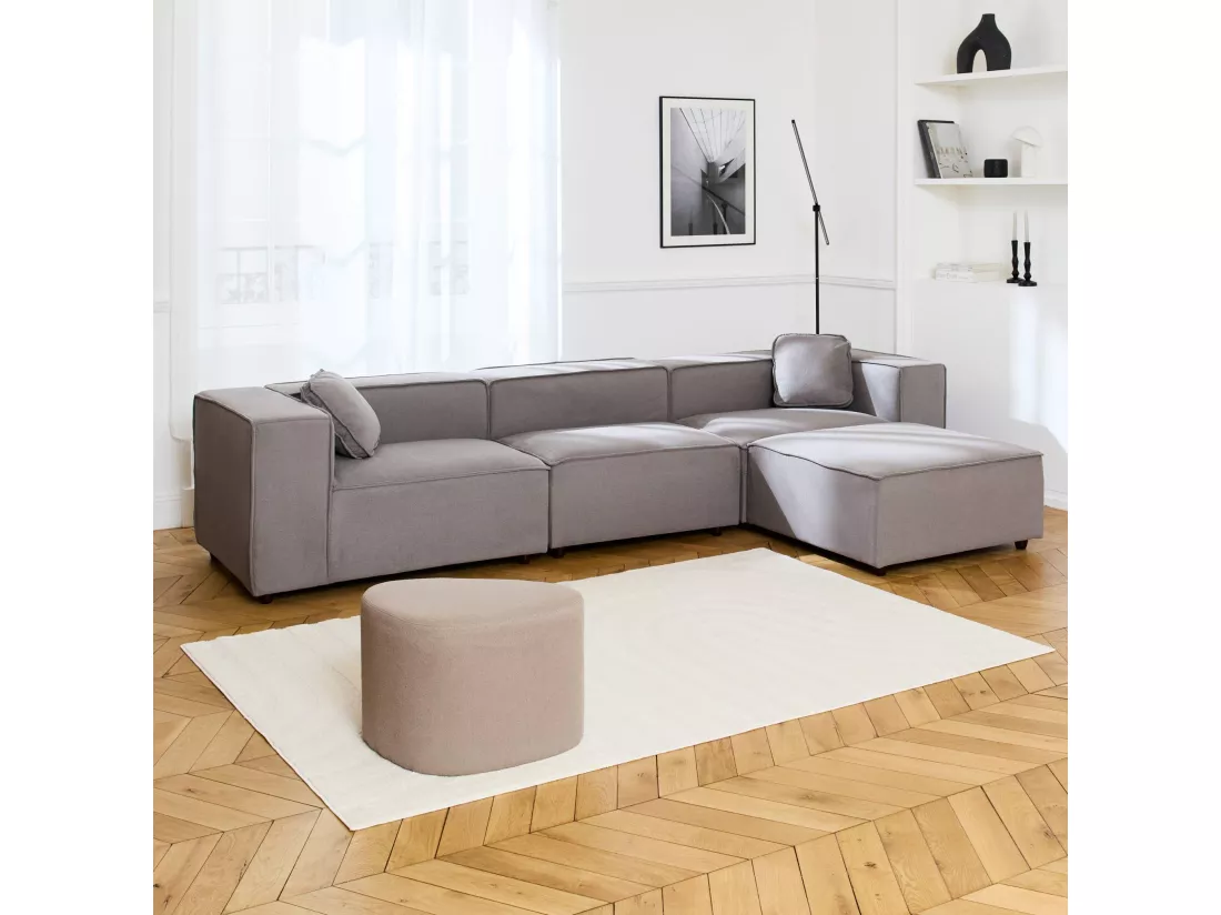 Canapé modulable tissu gris 3-4 places déperlant. 2 corners + 1 assise + 1 pouf
