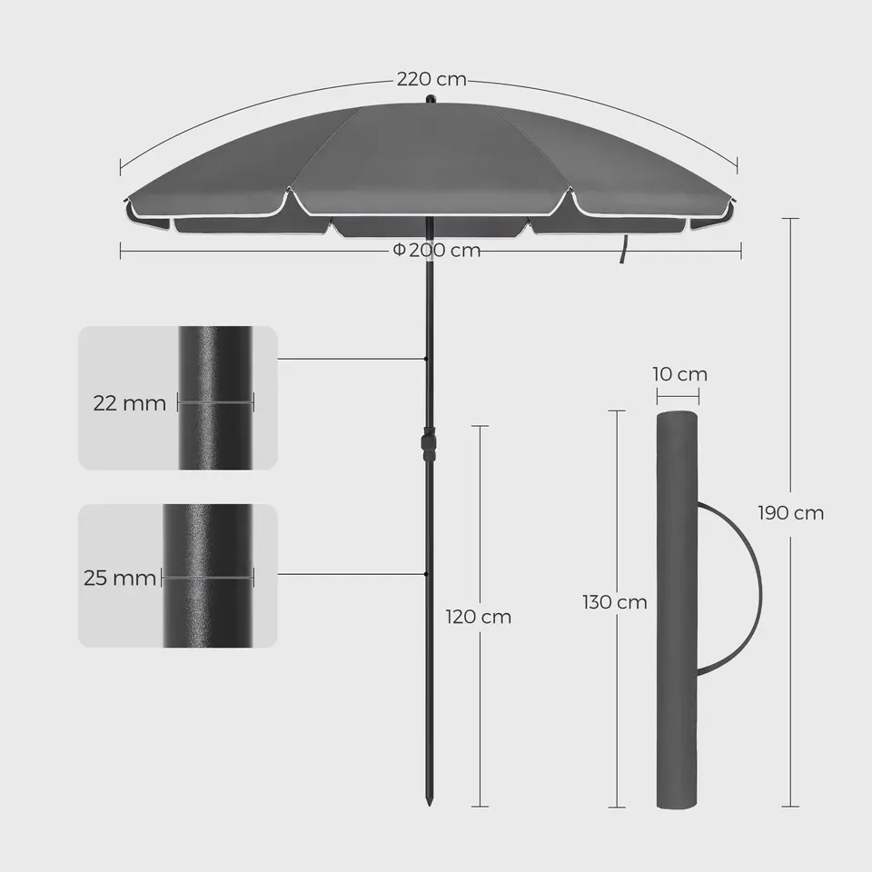 Stokparasol - Strandparasol - Ø 200 cm - Kantelbaar - met Draagtas - Grijs