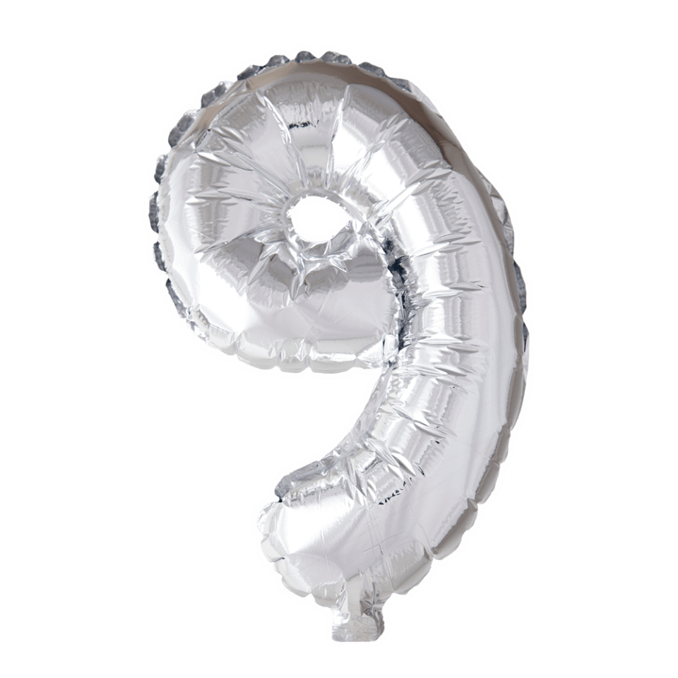 Folie Ballon Cijfer 9 Zilver 41cm met Rietje