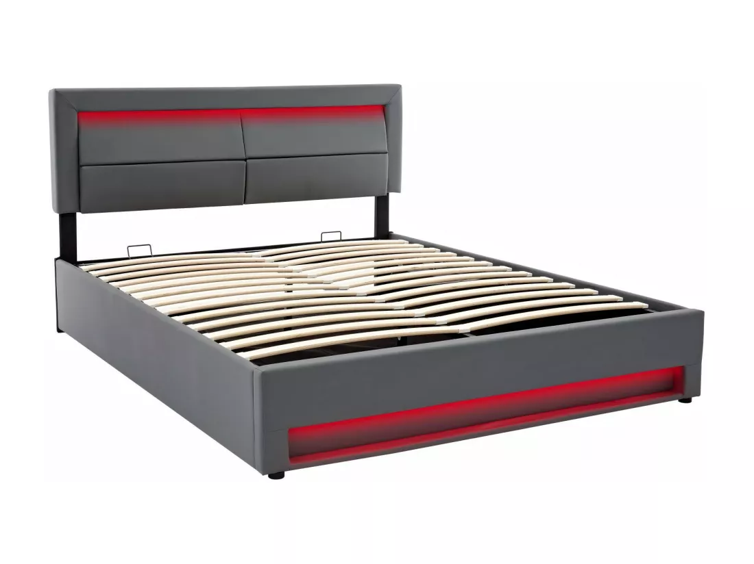 Lit coffre rembourré 160x200cm, avec LED et Port de charge USB/Type-C, charge sans fil, sommier à lattes, Gris