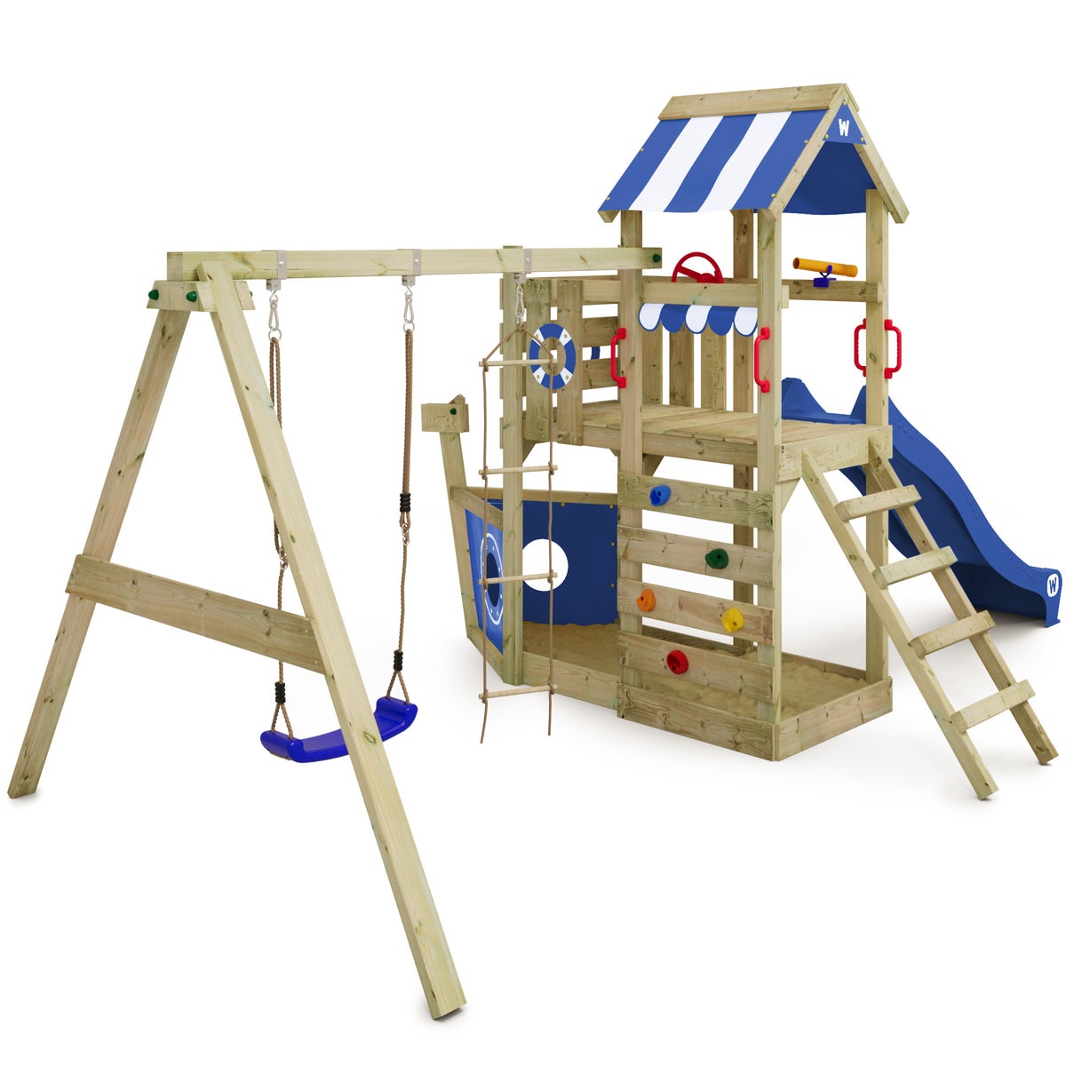 WICKEY SeaFlyer speeltoren klimtoestel met schommel en glijbaan, boomhut met zandbak, klimladder en speeltoebehoren - blauw