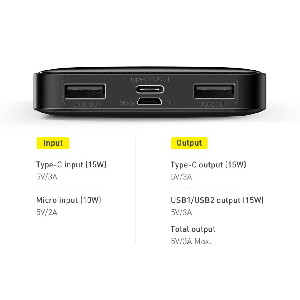 (15W) 10000mAh Dual USB / USB C Power Bank Ladegerät   LED Anzeige - Schwarz