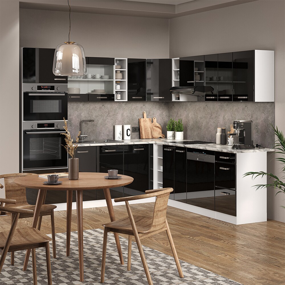 Vicco Eckküche R-Line Solid Weiß Schwarz 247x237 cm modern Küchenschränke Küchenmöbel