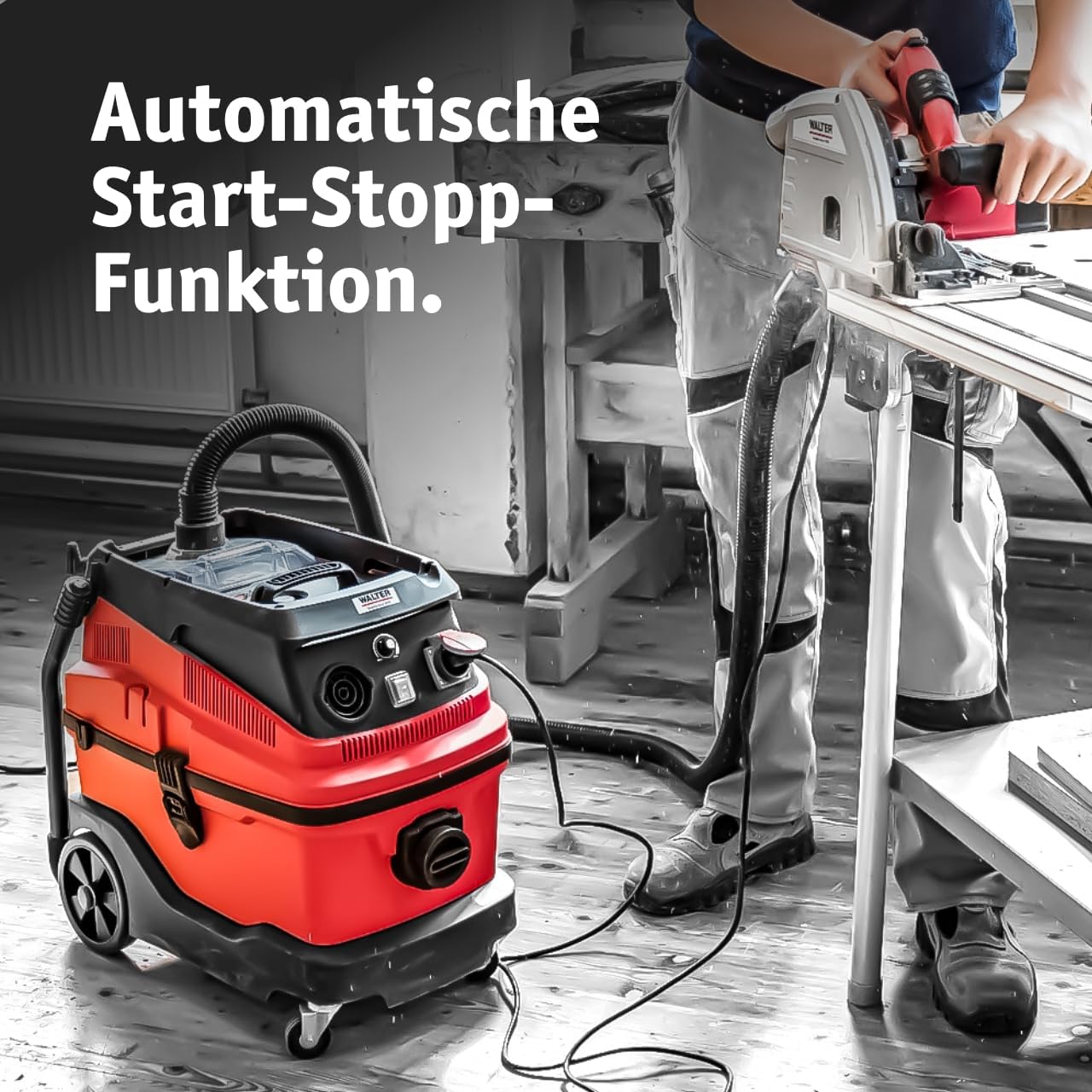 WALTER Industriestaubsauger 3-in-1 mit Wasserfilter, 1600 W, 230 V, Nass- & Trockensauger, mit Steckdose für Synchronbetrieb, Starke Saugleistung bis zu 18 KPa, inkl. umfangreichen Zubehör-Set