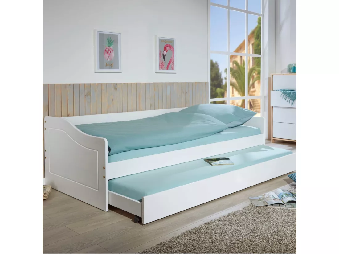 Lit gigogne en bois massif blanc avec sommier à lattes intégré 90x200 - LT12120
