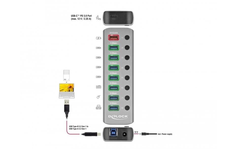 USB-Hub 63264 USB 3.0 - 7x USB-A / 2x LadeanschlussUSB-Hub mit einzeln aktivierbaren Anschlüssen