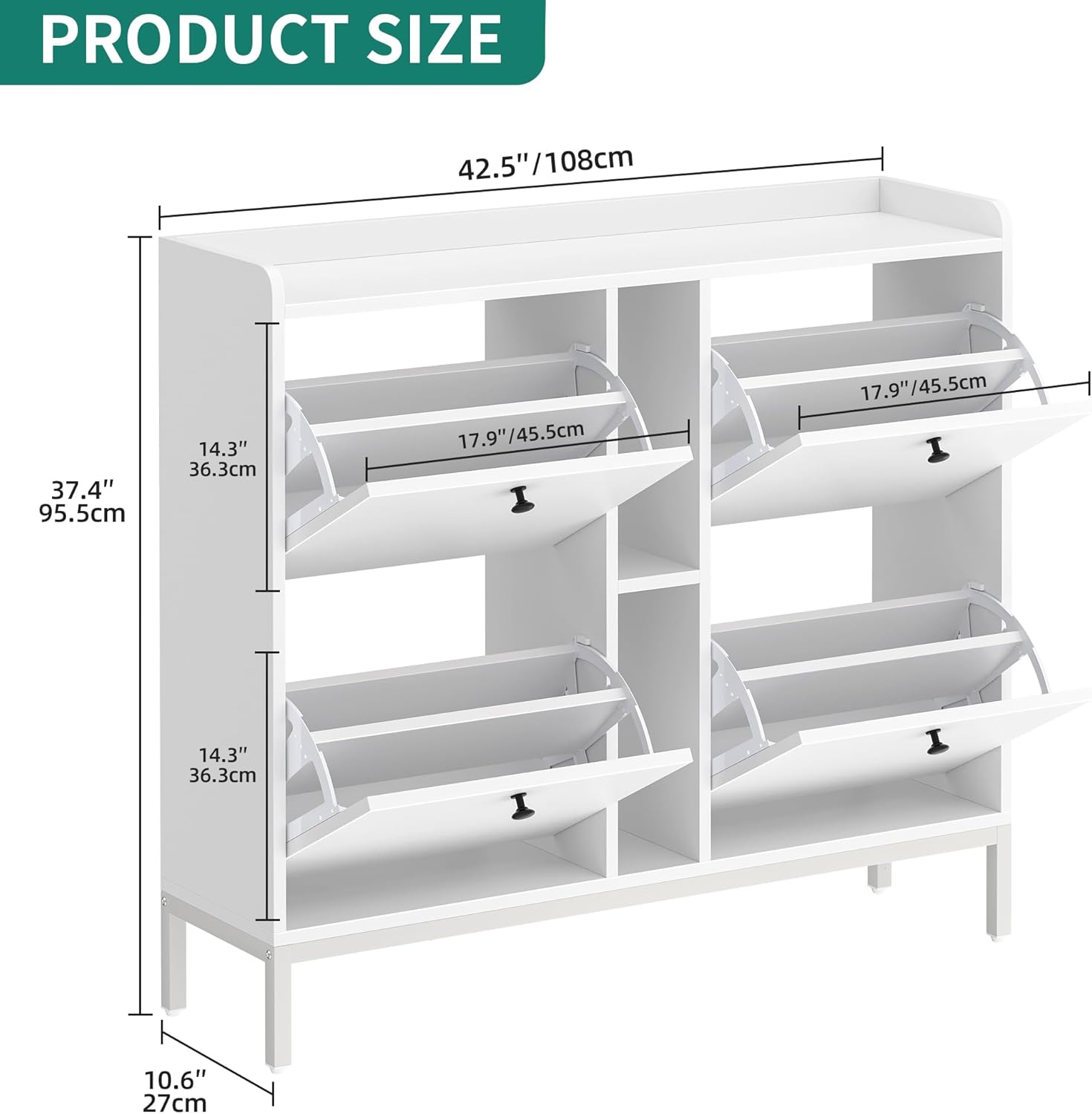 YITAHOME Schuhschrank Schmal mit 4 Klappen, 108 x 27.5 x 95.5 cm für 16 Paar Schuhe mit 2 Offene Regale, Schuhschrank Weiß, Schuhkipper, Schrank Flur Schuhkommode im Flur, Platzsparend