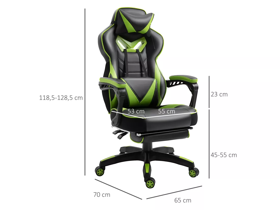 Vinsetto Fauteuil de bureau gamer style baquet racing - pivotant, inclinable - coussin lombaire, tétière, repose-pieds inclus - revêtement synthétique vert noir