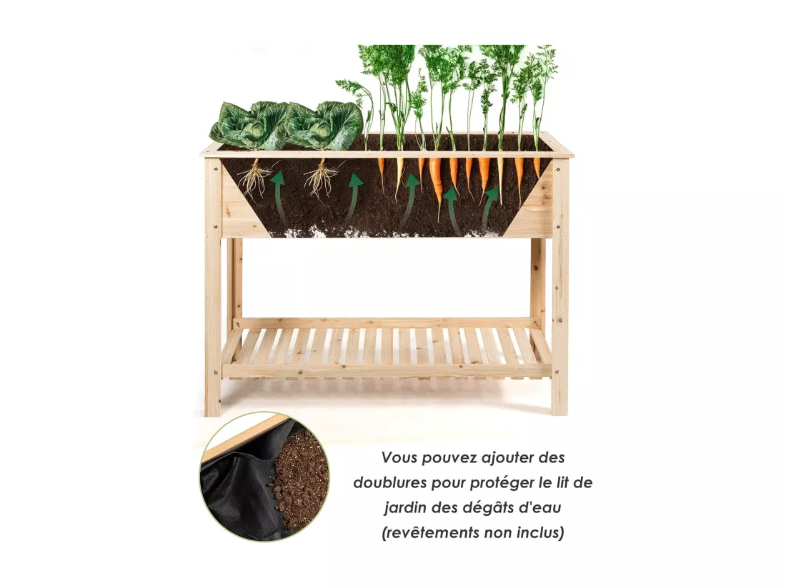 Jardinière Surélevé en Bois avec Étagère, Idéal pour la Croissance des Plantes, Fleurs, Végétaux, 92 x 41x 81 cm