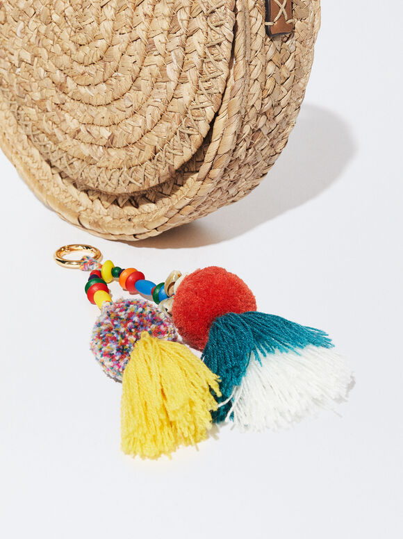 Sacola de compras com pompons de palha - Bege
