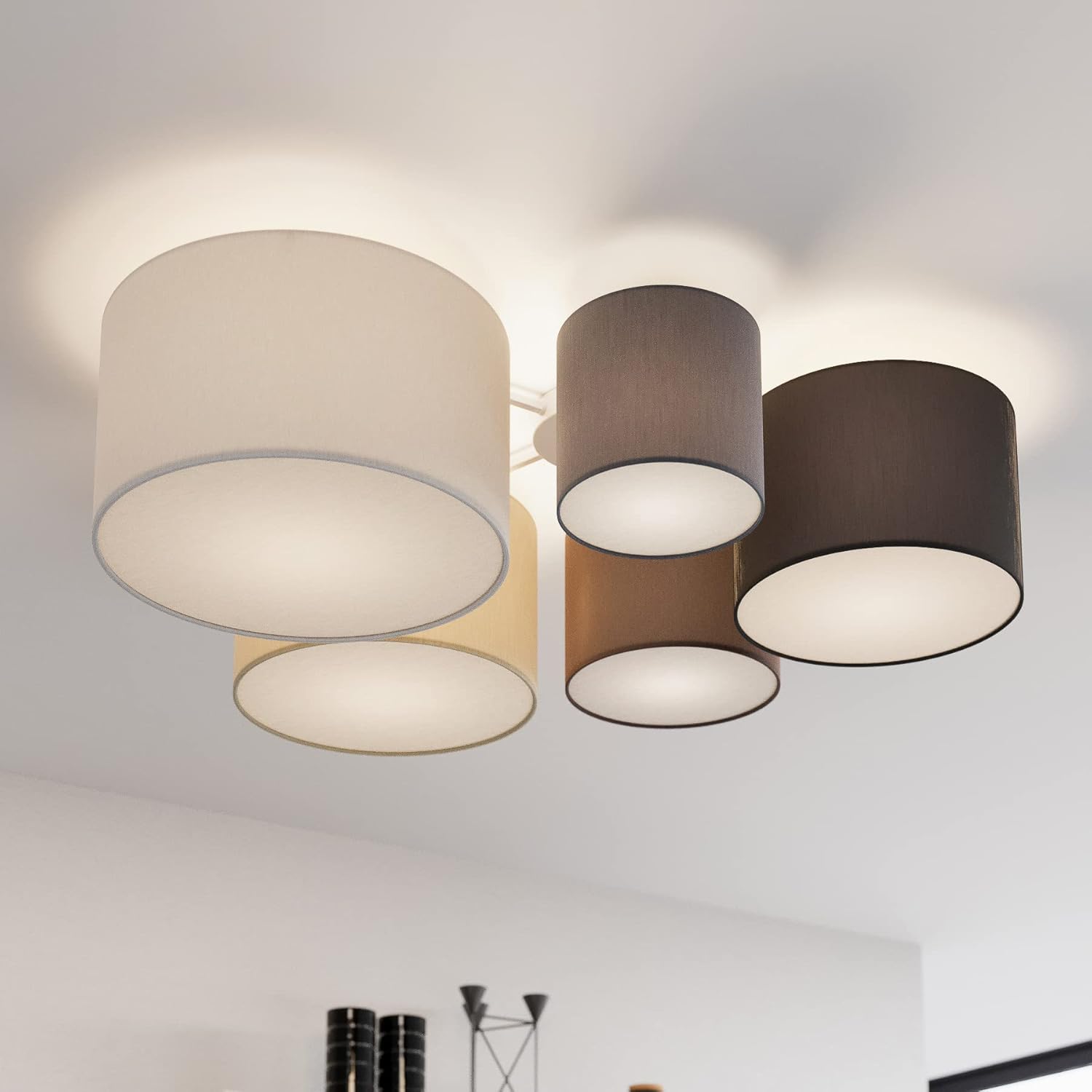Lindby Stoff Deckenlampe grau, braun schwarz beige weiß 5 Schirme Ø 20 25 30 35 40 cm 5x E27 max. 60W ohne Leuchtmittel Textil Deckenleuchte