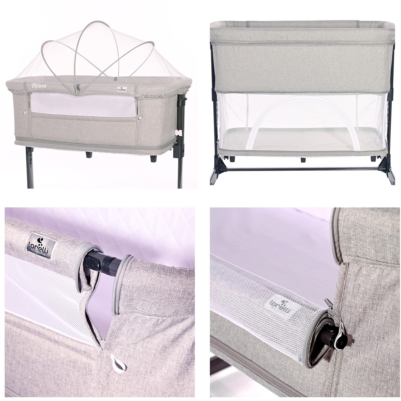 Lorelli Beistellbett Milano 2in1 ab Geburt Matratze höhenverstellbar Moskitonetz grau