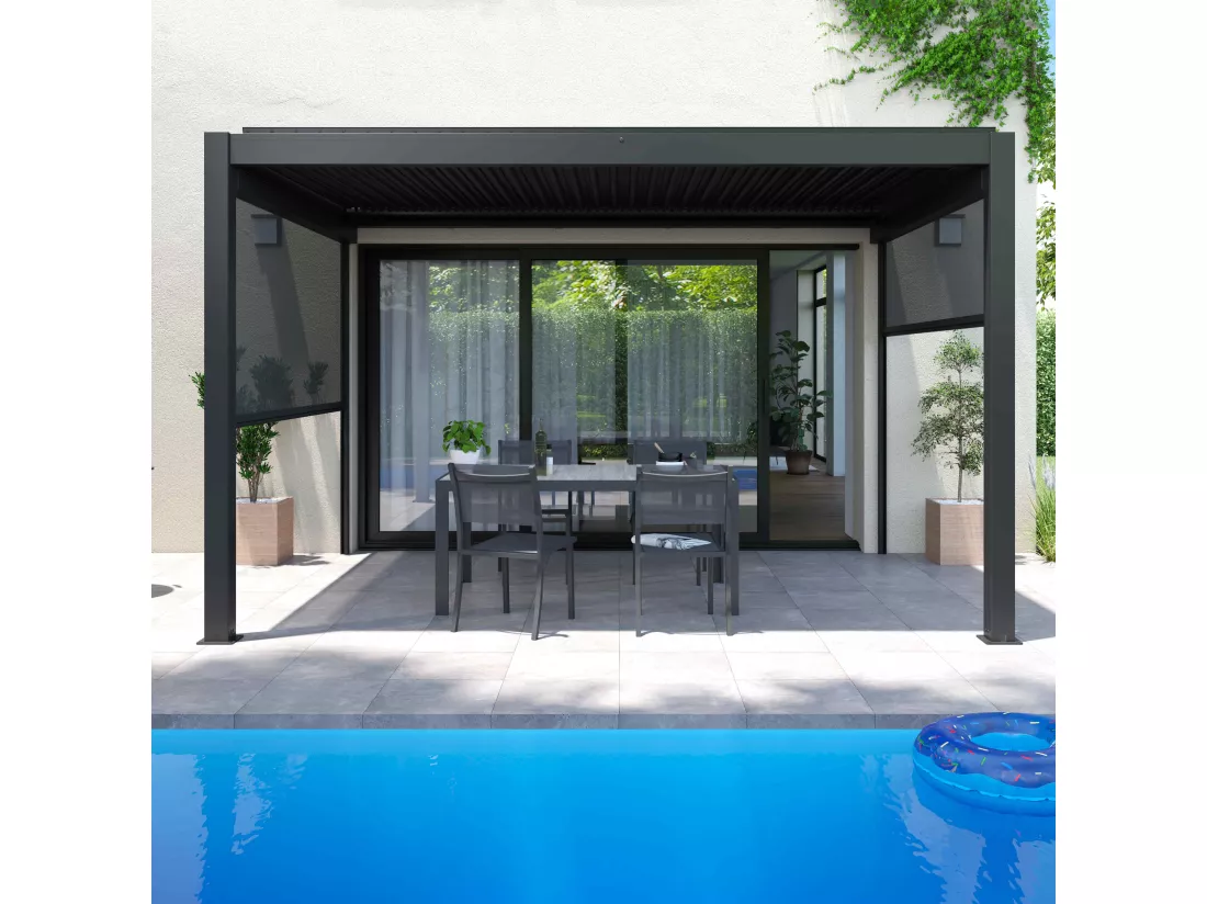 Pergola bioclimatique adossée gris 3x4m et 2 Stores 2,66 x 2,34 m