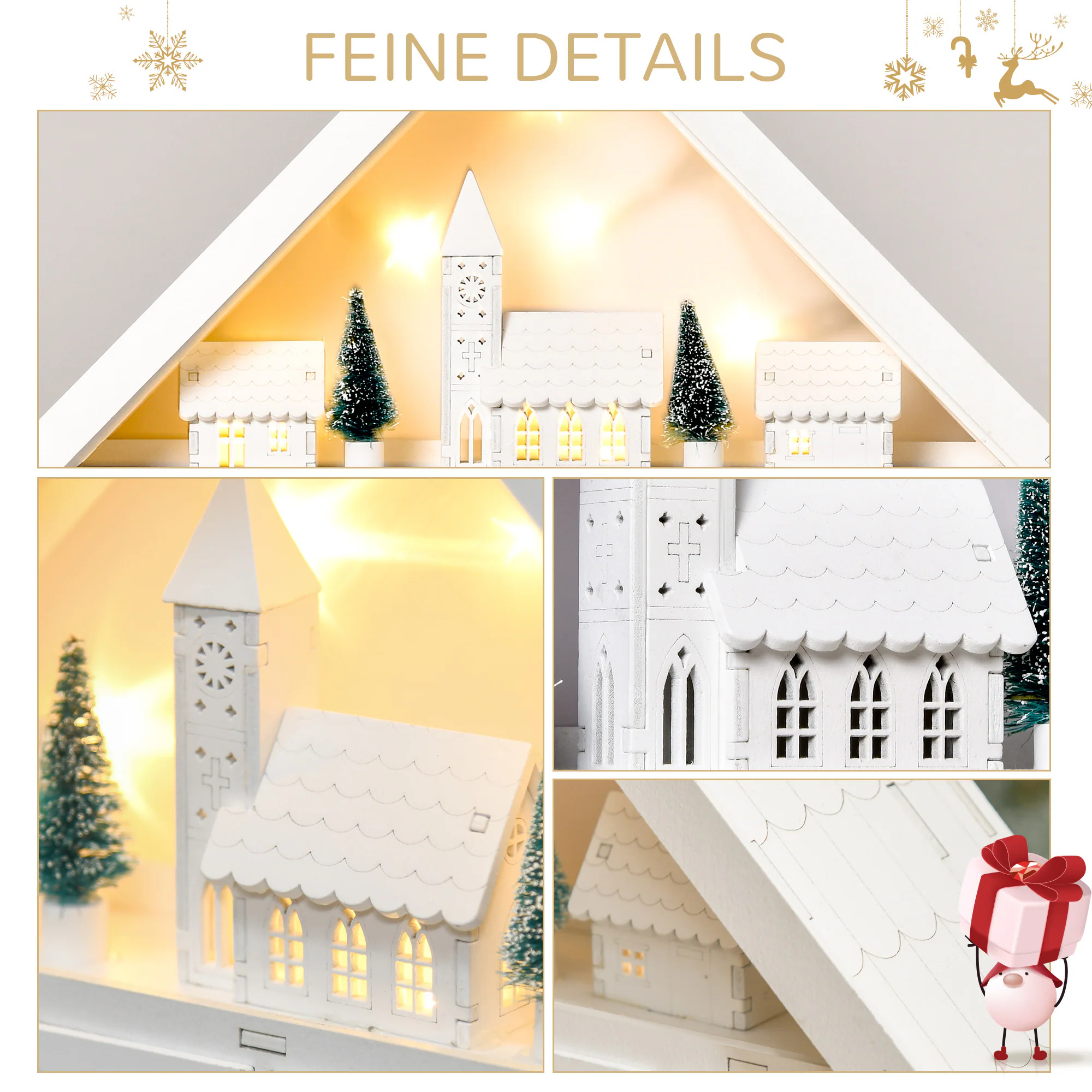 HOMCOM Adventskalender mit LED Lichtern und kleinem Dorf weiß 39B x 9T x 42H cm