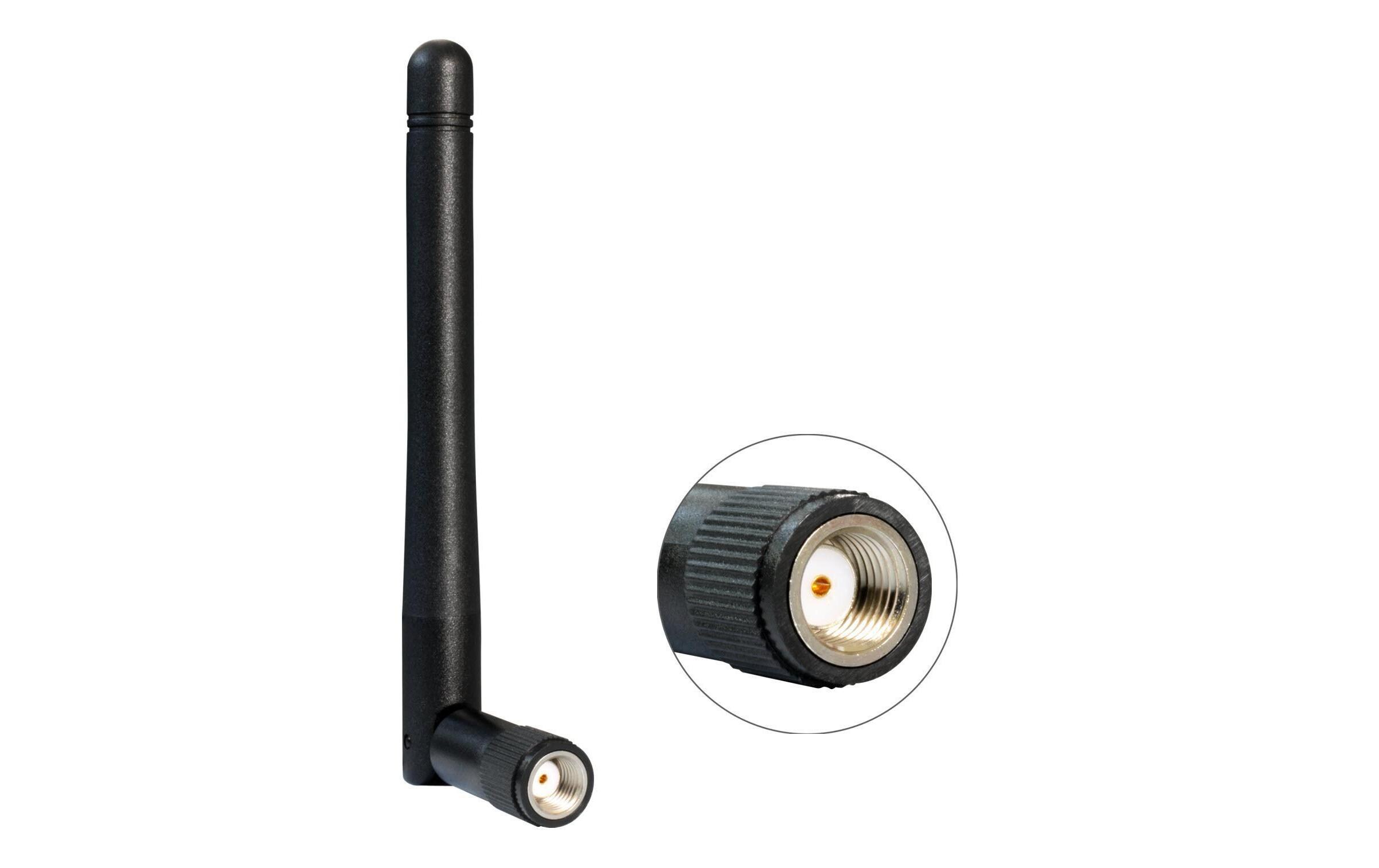 WLAN-Antenne 2.4 GHz, 10.8 cm RP-SMA 2 dBi RundstrahlDelock WLAN 802.11 b/g/n Antenne RP-SMA 2 dBi omnidirektional Kippgelenk