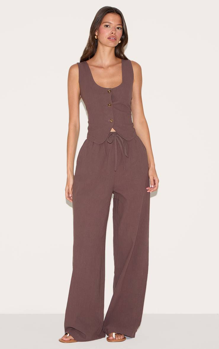 Marron Foncé Pantalon Large À Cordon De Serrage Aspect Lin Taillé