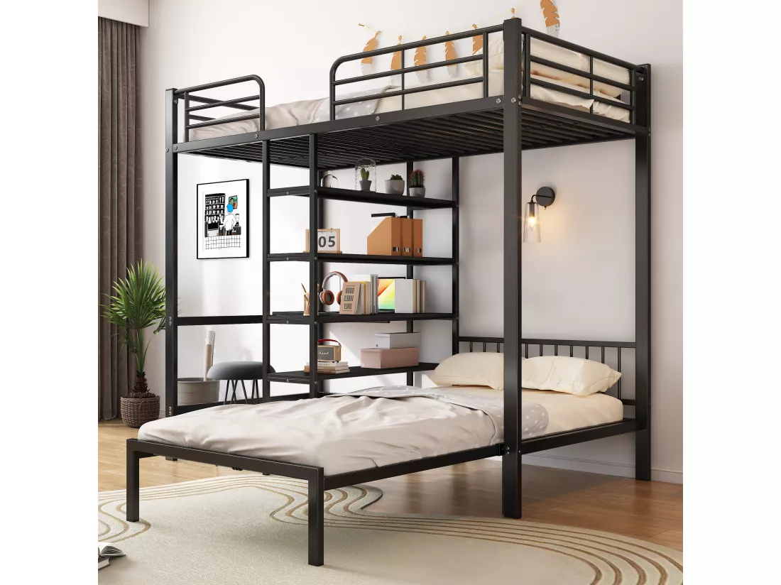 Lit mezzanine 2 x 90 x 200 cm - bureau et étagères de rangement - métal et bois MDF - noir