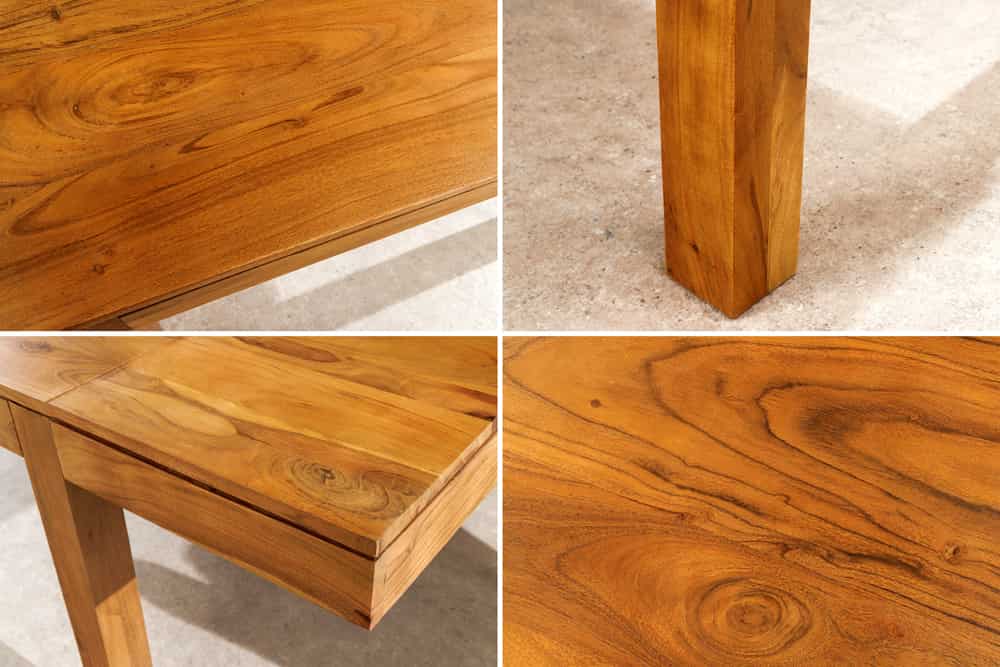 Massiver Holz Esstisch PURE 120-200cm natur honey finish Akazie mit Ansteckplatten