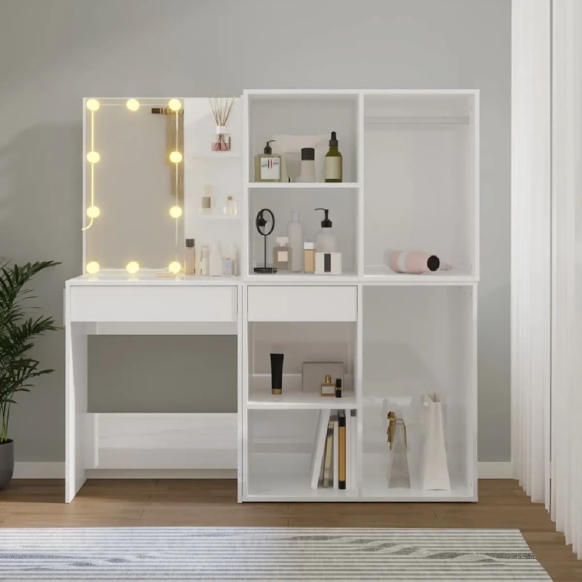 vidaXL Coiffeuse LED et 2 Armoires - Blanc Brillant