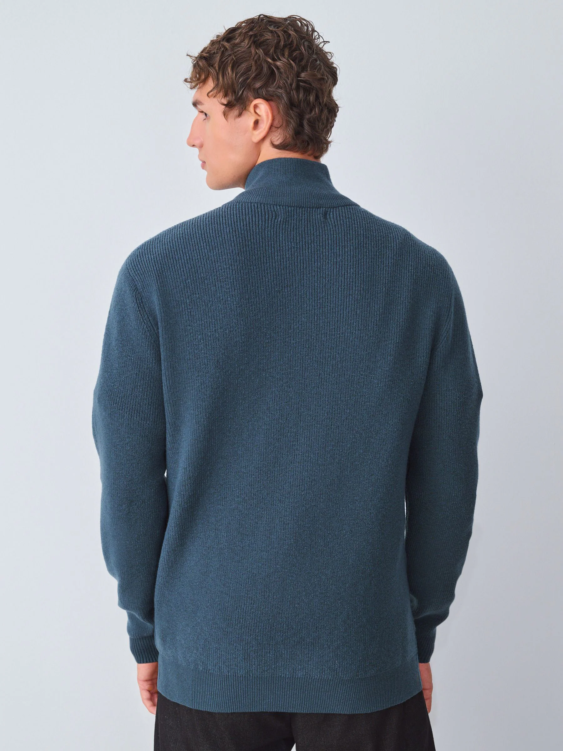 Blauwgroen - Essential geribbelde trui met korte rits en Regular fit