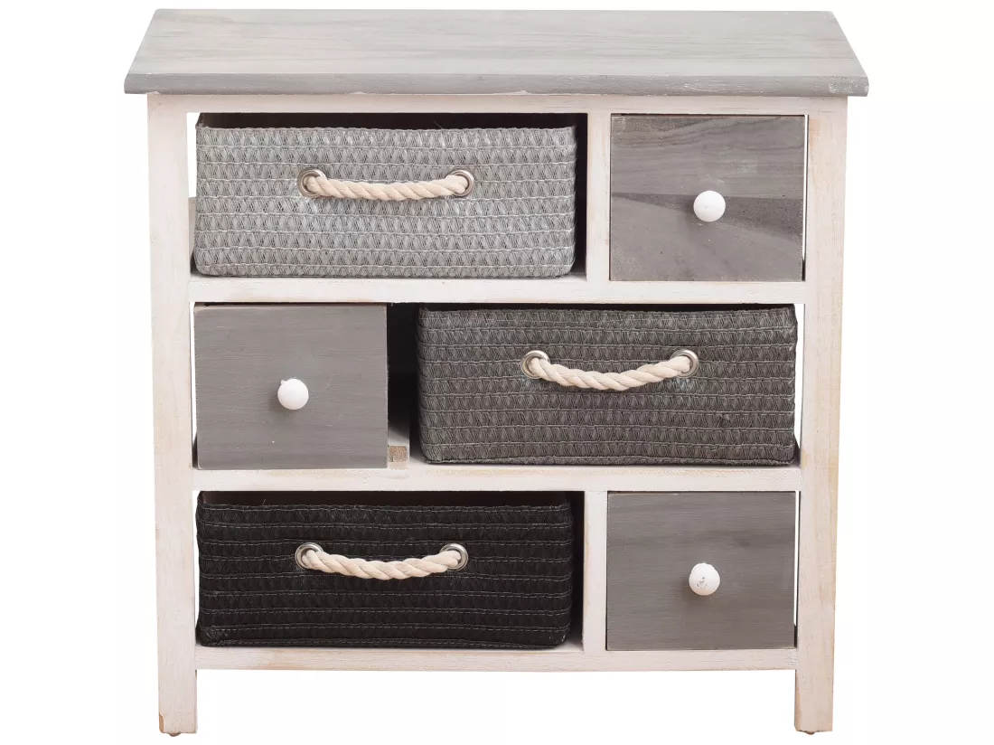 Meuble Commode 6 Tiroir Bois Osier Gris Blanc Rustique 53x56x27