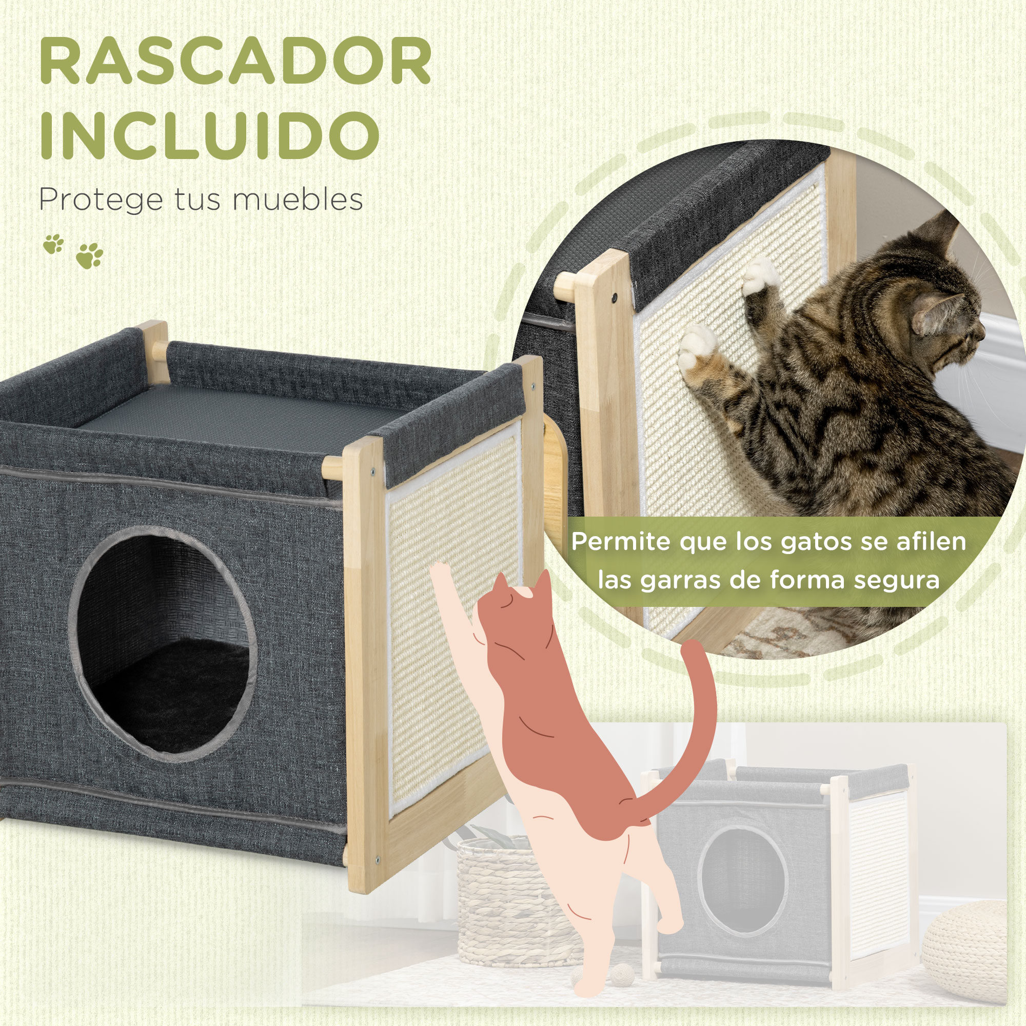 Cama caverna para gatos PawHut, casinha para gatos de interior com almofada removível e lavável, poste arranhador de sisal e estrutura de madeira, 40x40x40,5 cm, cinza