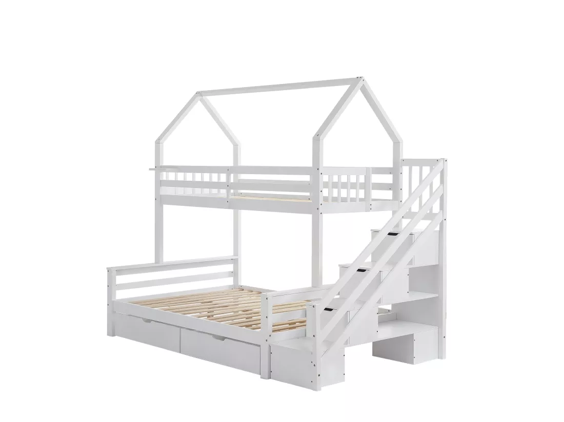 Lit superposé en bois de pin et MDF - 90x200 cm + 140x200 cm - avec échelle de rangement et 2 tiroirs - Blanc