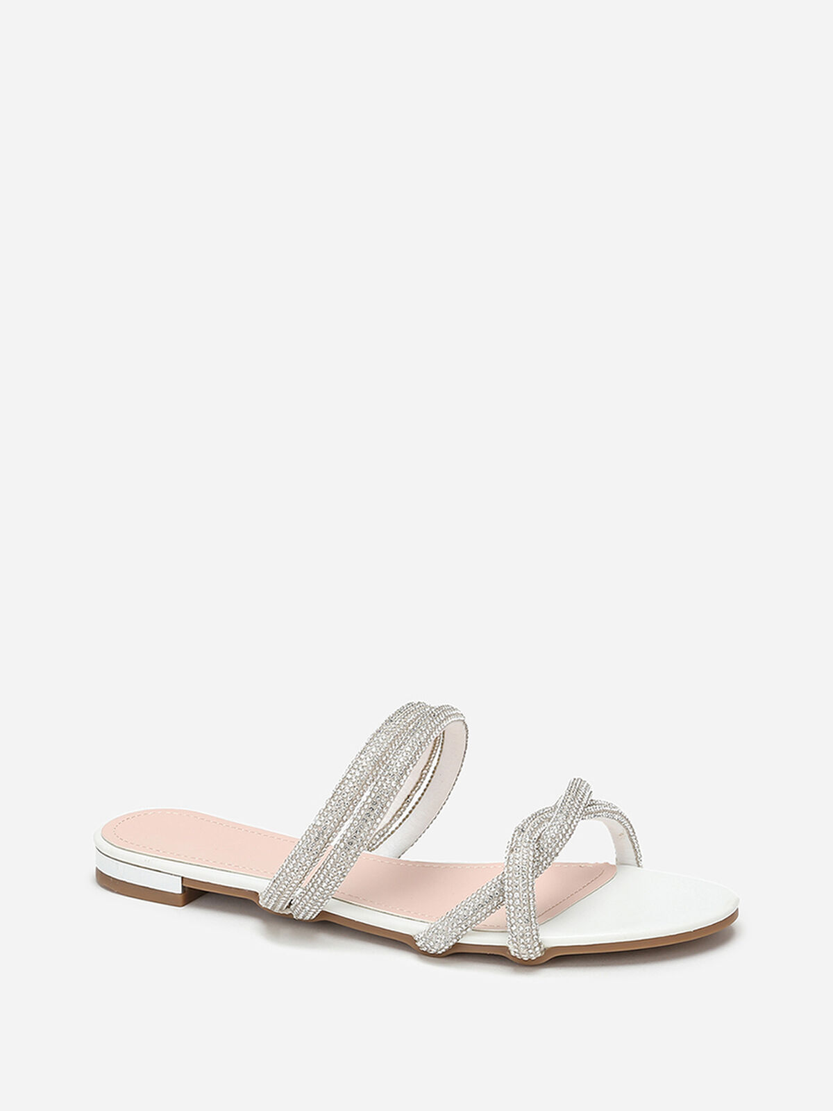 Mules plates à multi-brides en strass- Blanc