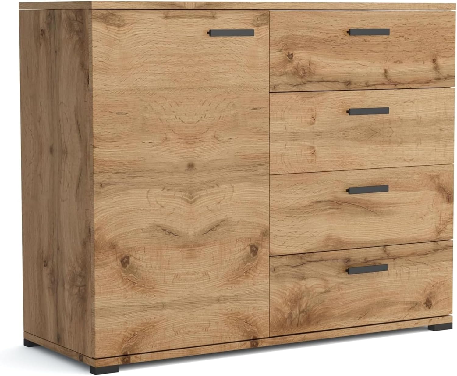 Brent - Kommode mit 4 Schubladen und 1 Turen 100 cm Breit Brixton, Sideboard für Wohnzimmer oder Schlafzimmer, Komodenschrank, Kommode Wotan Eiche