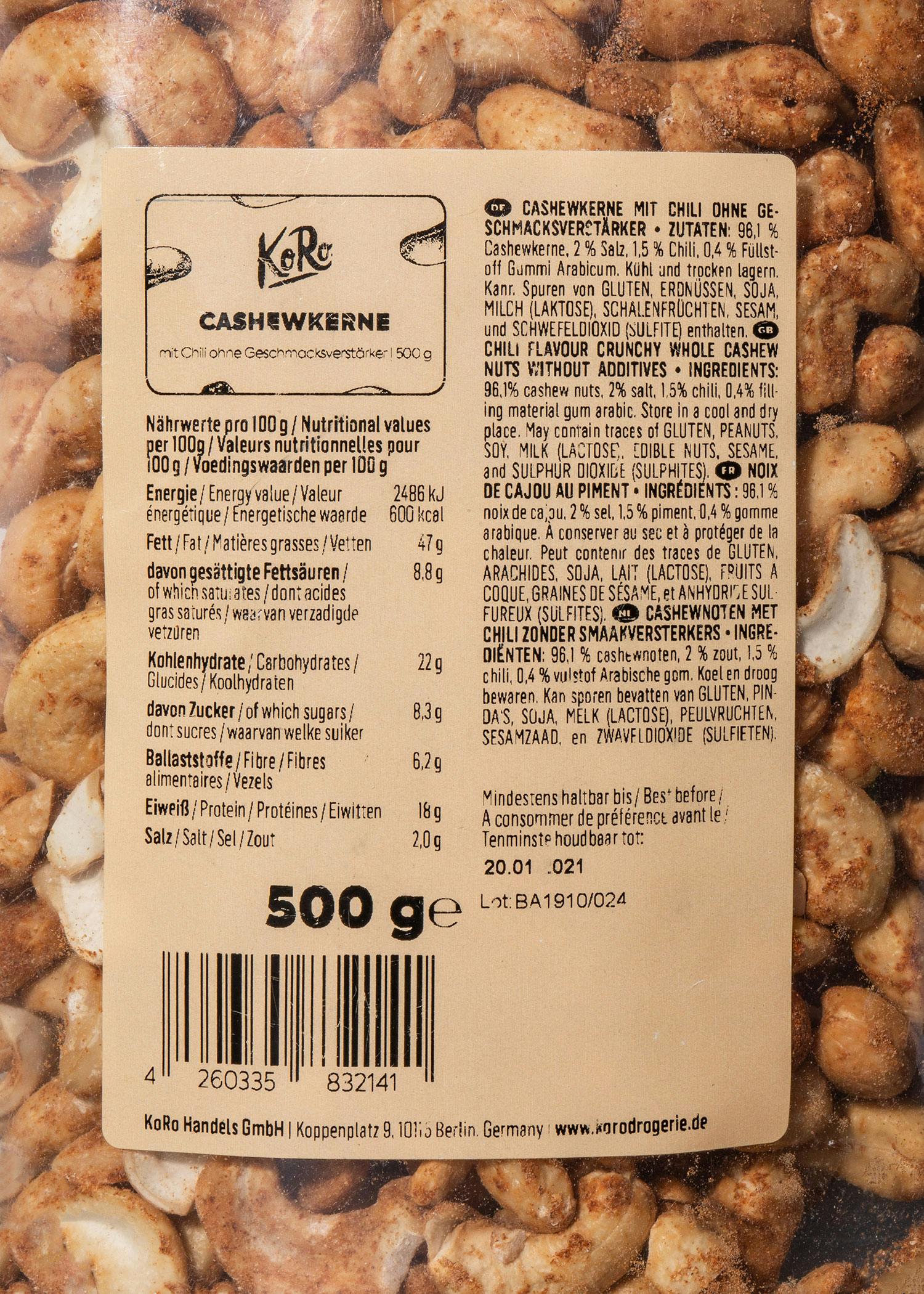 Cashewkerne mit Chili ohne Geschmacksverstärker 500 g