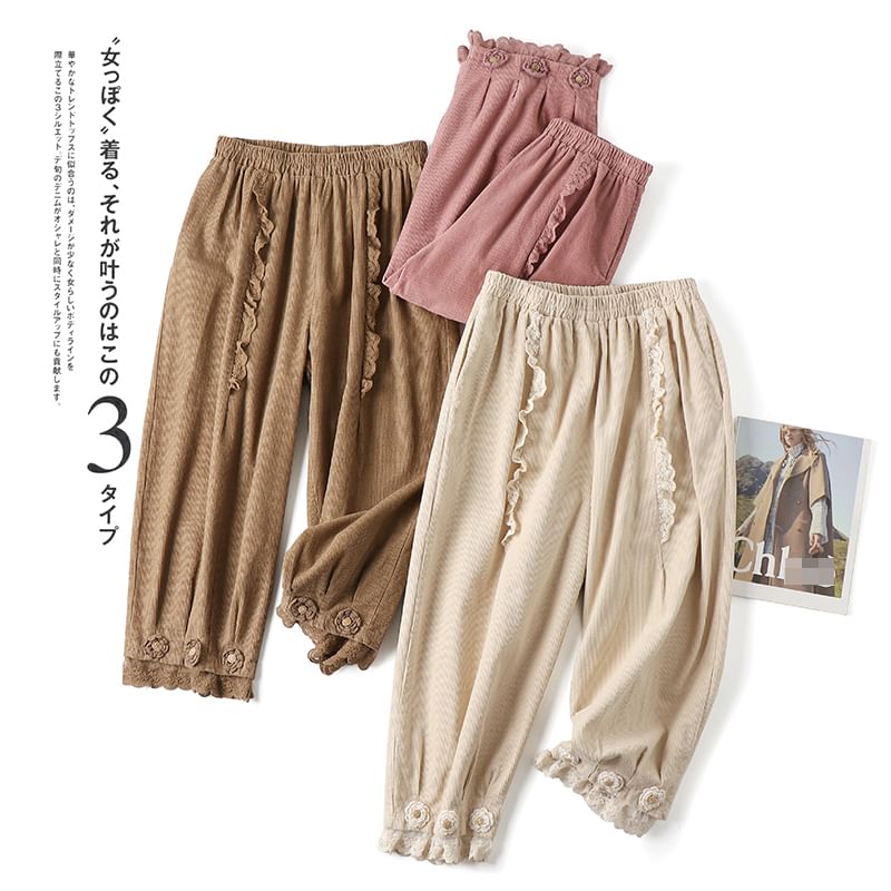 CosmoCorner - Corduroy cropped harembroek met elastische taille en bloemenaccent