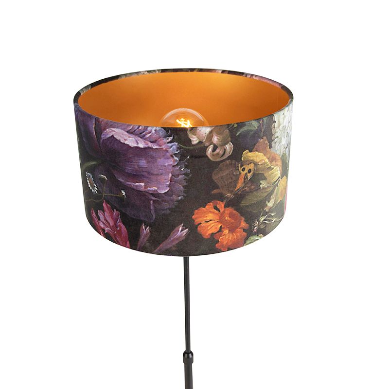 Vloerlamp zwart met velours kap bloemen 35 cm - Parte