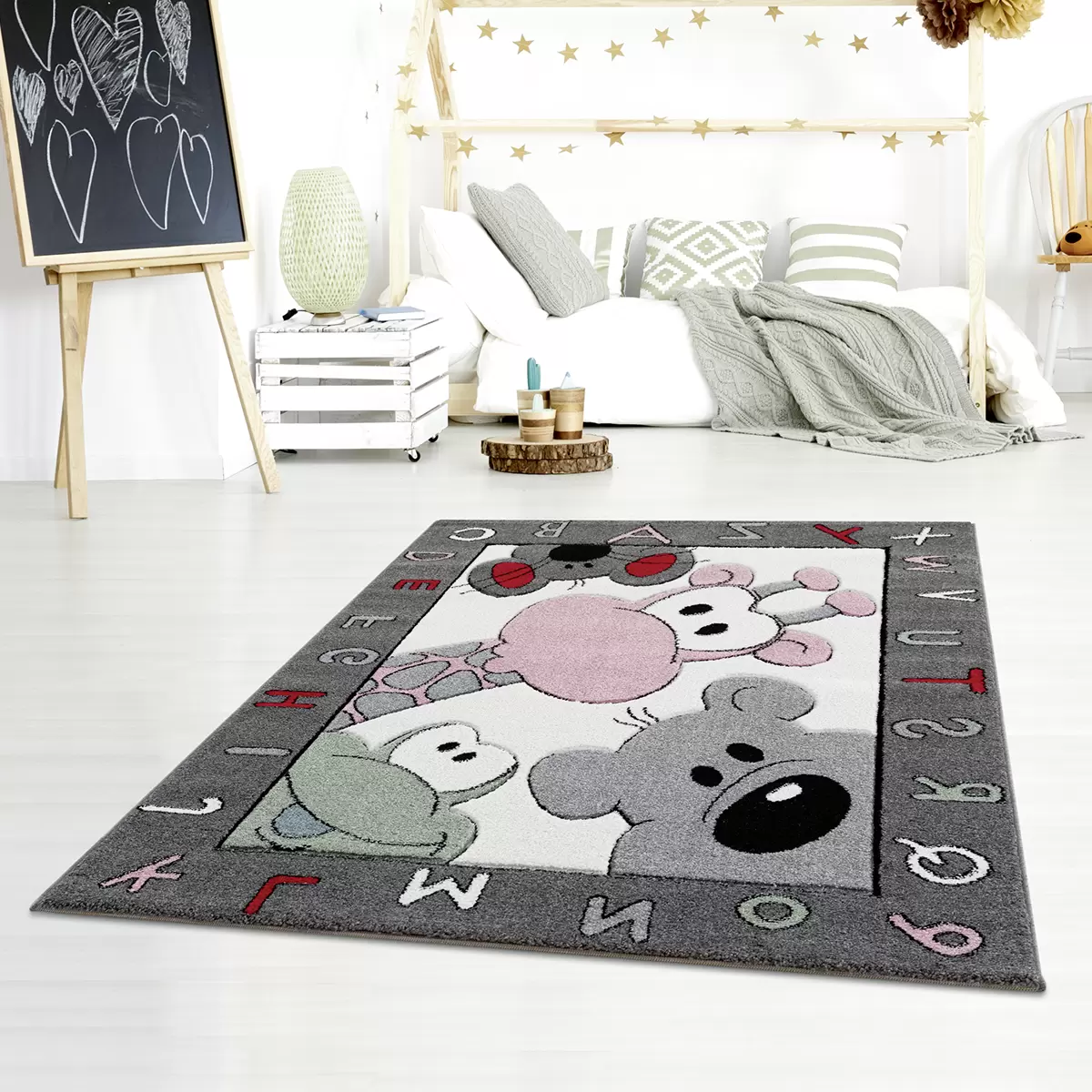 Kinderteppich Kids mit Handcarving grau,rosa