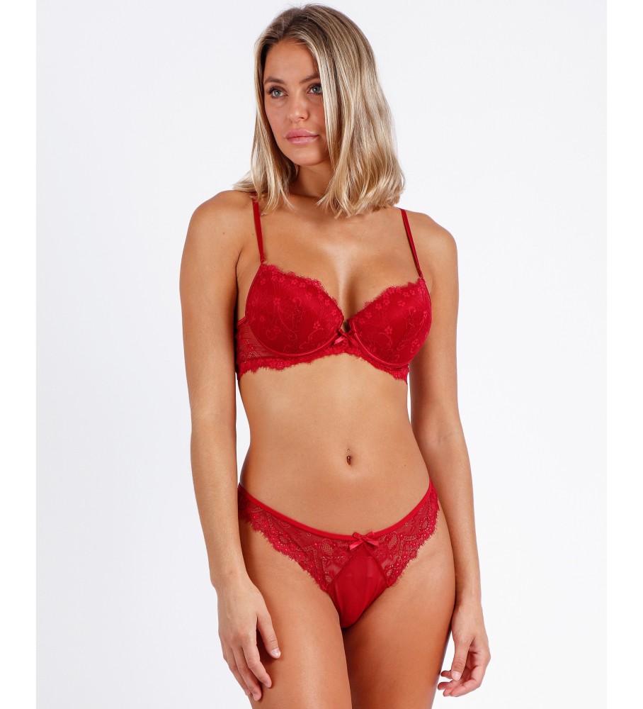Conjunto Admas Waves com sutiã push-up e calcinha em renda vermelha.