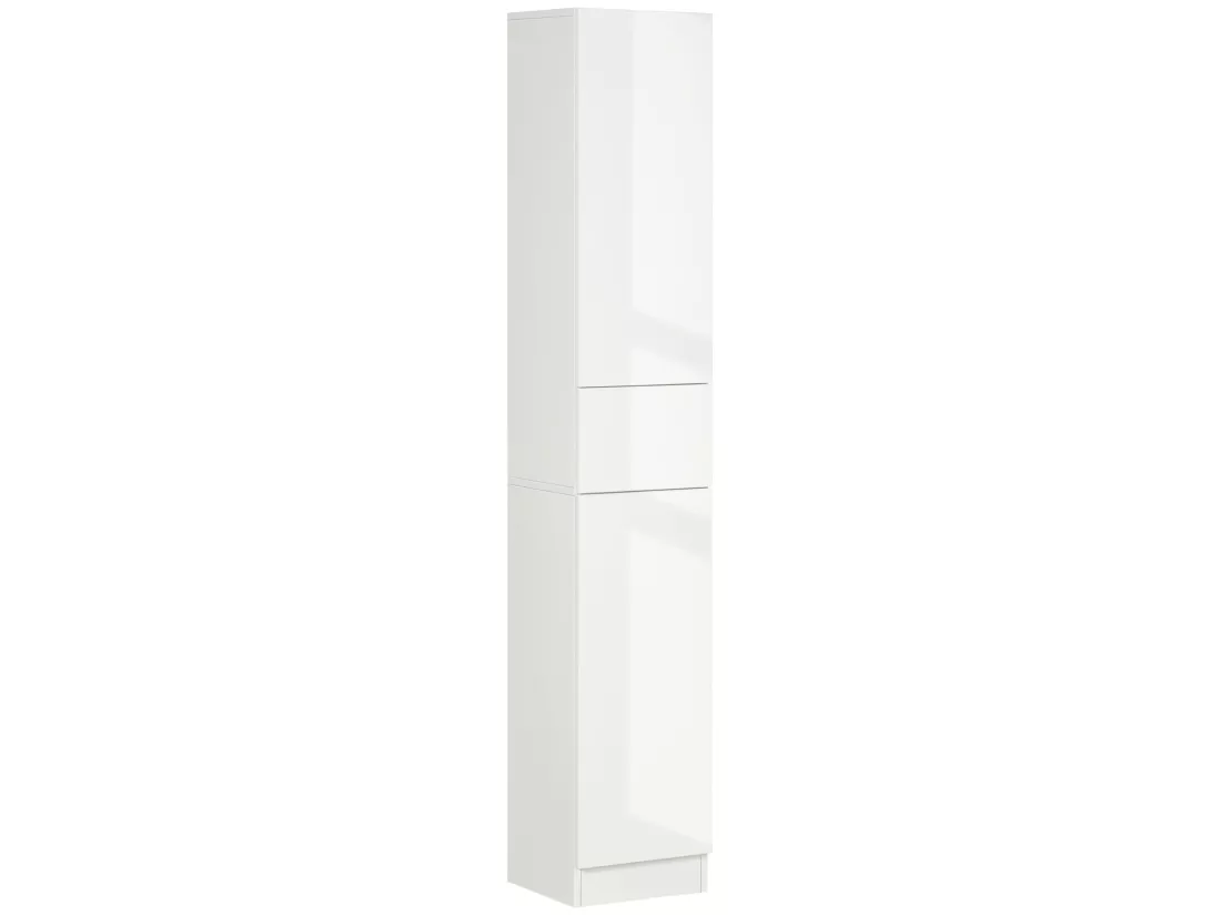 Meuble colonne rangement salle de bain style contemporain façade laquée 2 portes 3 étagères tiroir panneaux MDF blanc