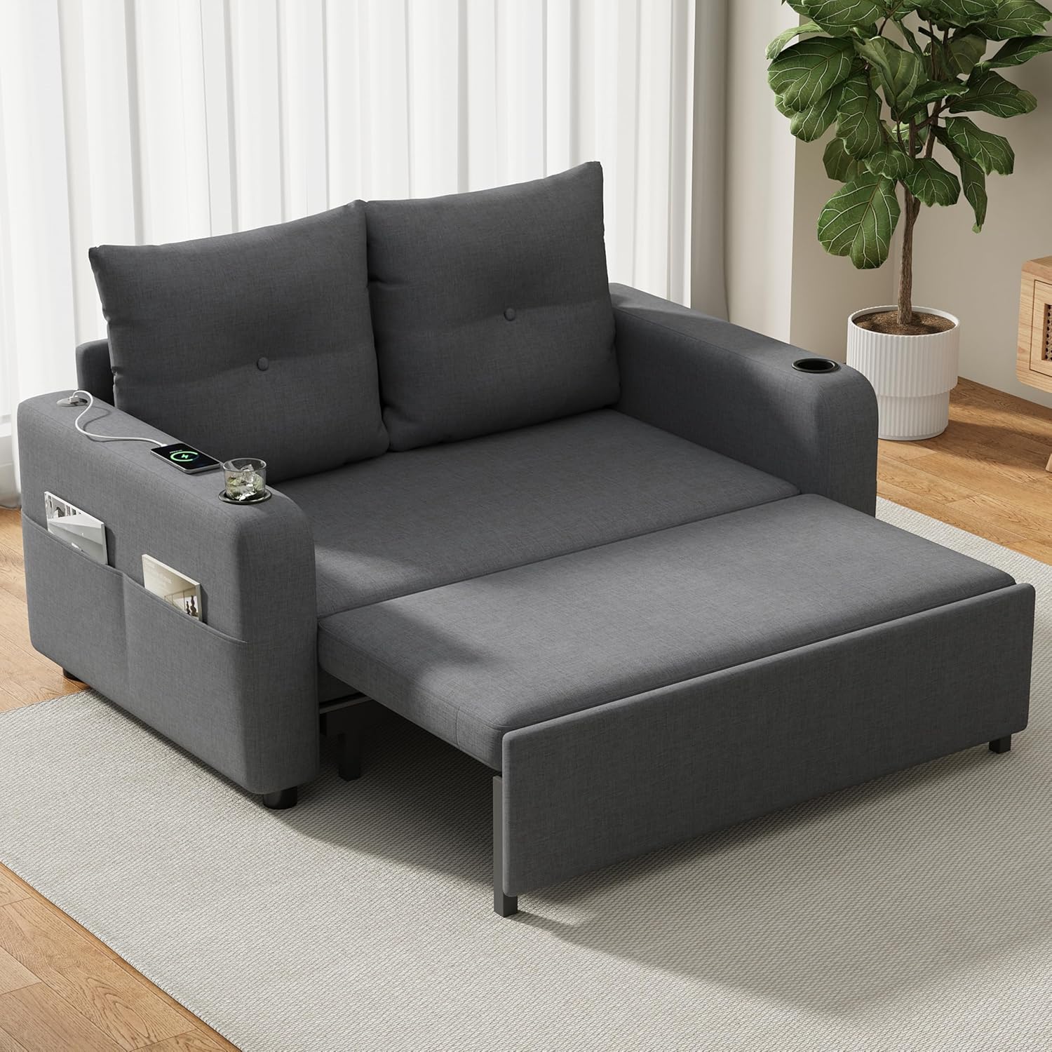 Bladez 3-in-1 Schlafsofa ausziehbar – 2-Sitzer Sofa Bett mit Liegefunktion, Getränkehaltern, USB- & Type-C-Anschluss, Seitentaschen & Kissen, modernes Doppelsofa für Wohnzimmer & Schlafzimmer, Grau