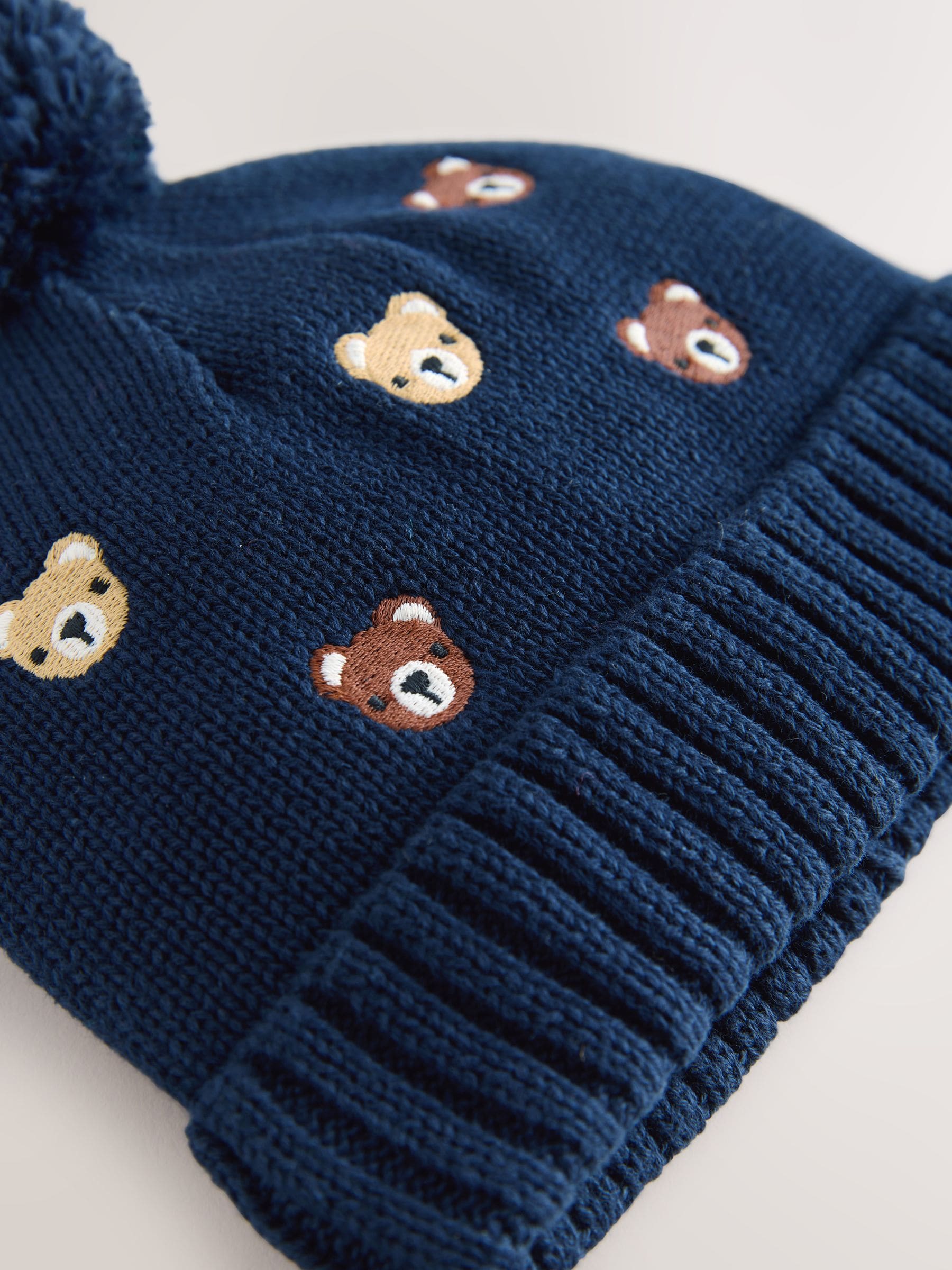 Navy Bear All Over Embroidered - Baby Hamish and Friends Knitted Hat (0mths-2yrs)
