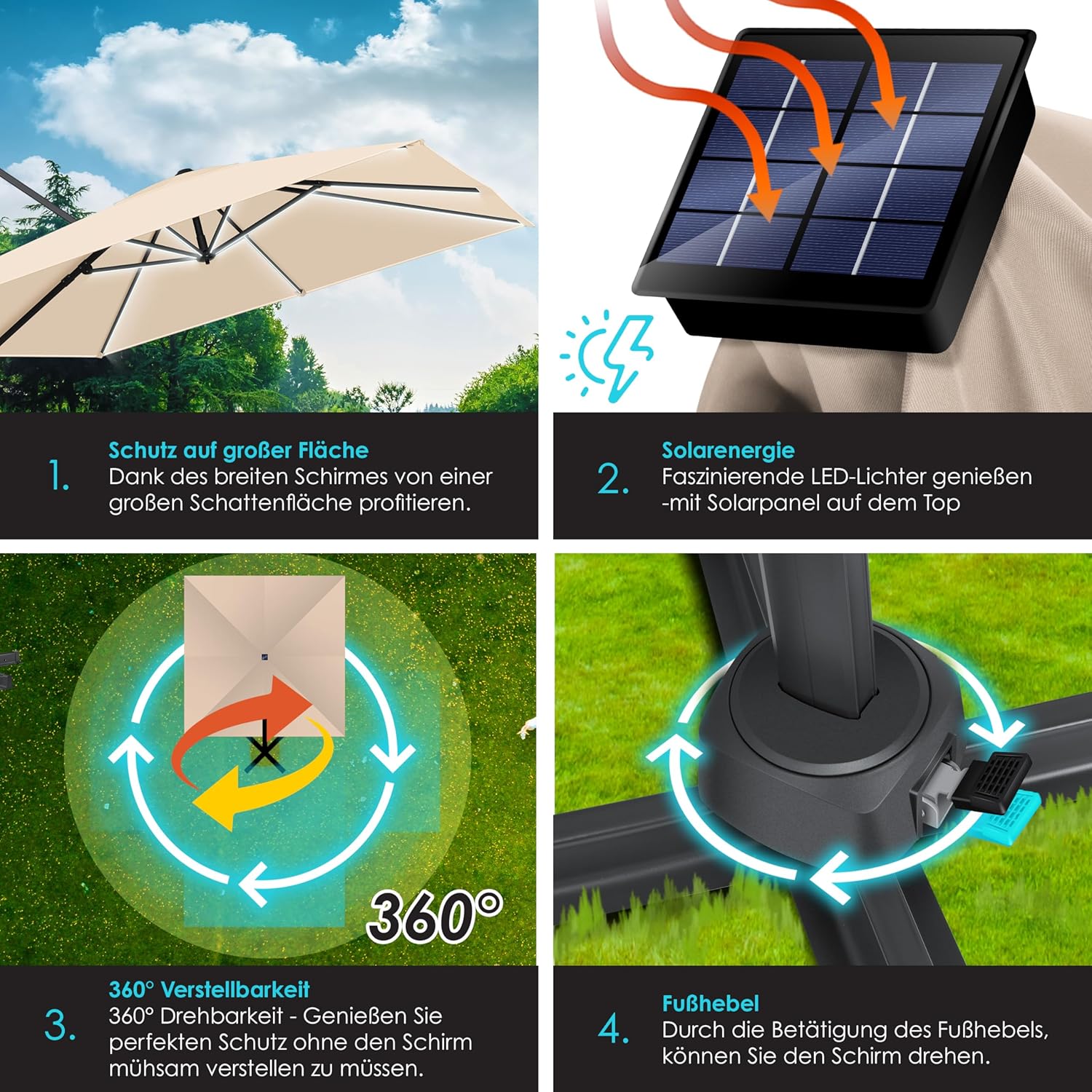 KESSER® Sonnenschirm LED Solar Ampelschirm SUN XL 300 x 300 cm Inkl. Abdeckung +Windsicherung Drehbar Neigbar Kippbar Marktschirm Groß 360° Rotation, Gartenschirm mit Kurbel Sonnenschutz, Beige
